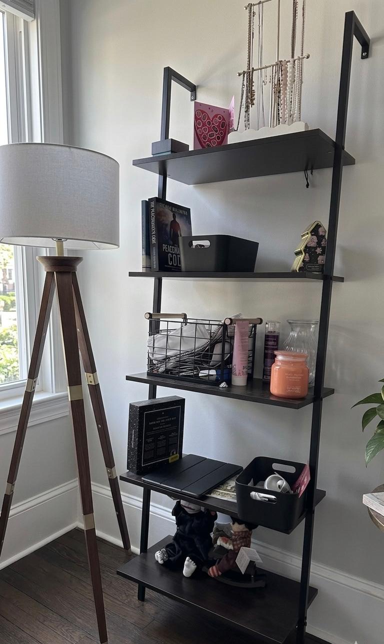 Bedroom with ladder shelf and floor lamp