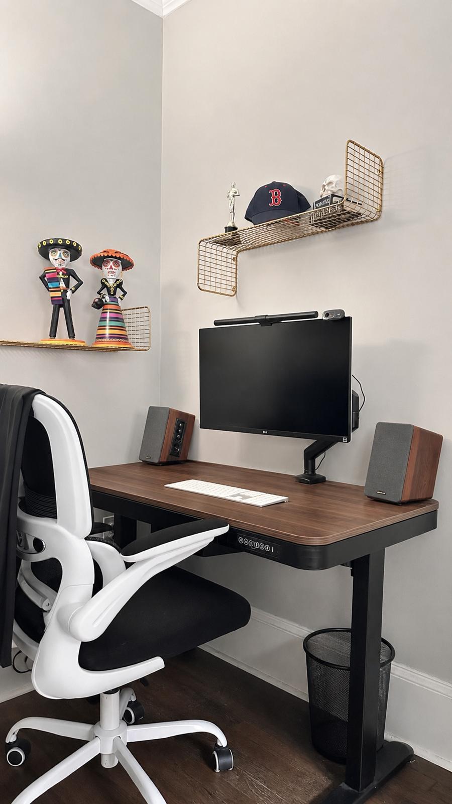 Home office with standing desk and shelving