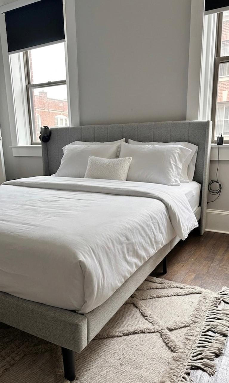 Master bedroom with upholstered headboard