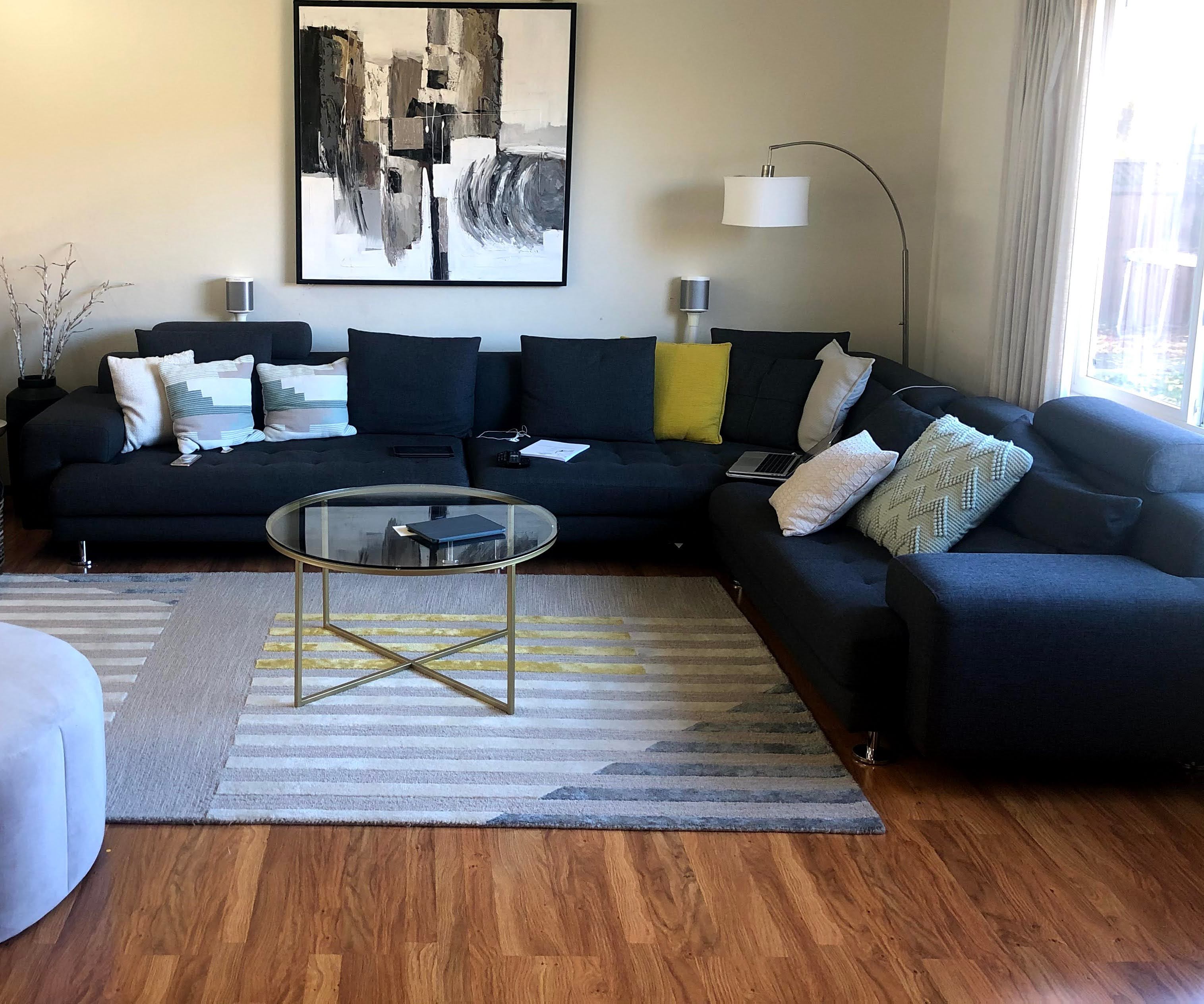 California living room with navy sectional